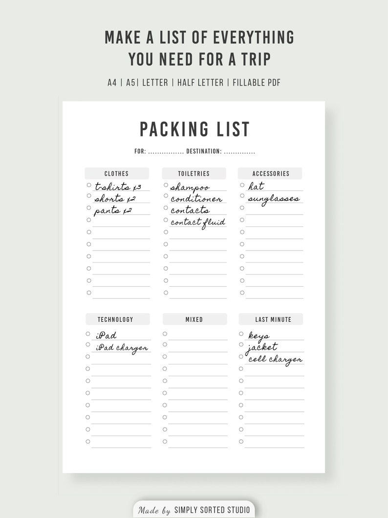 Packing List Printable, Fillable PDF, A4, A5, Letter - Etsy UK