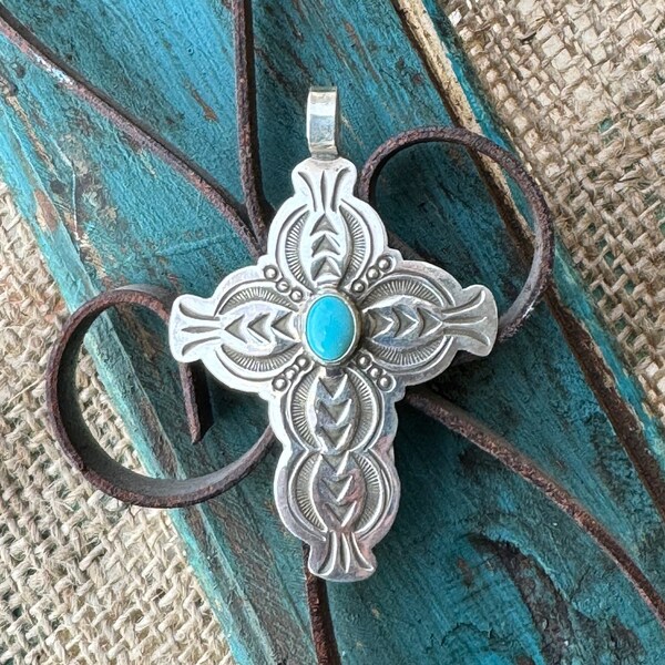 Arnold Blackgoat Navajo Handmade Sterling Silver & Sleeping Beauty Turquoise Cross Pendant