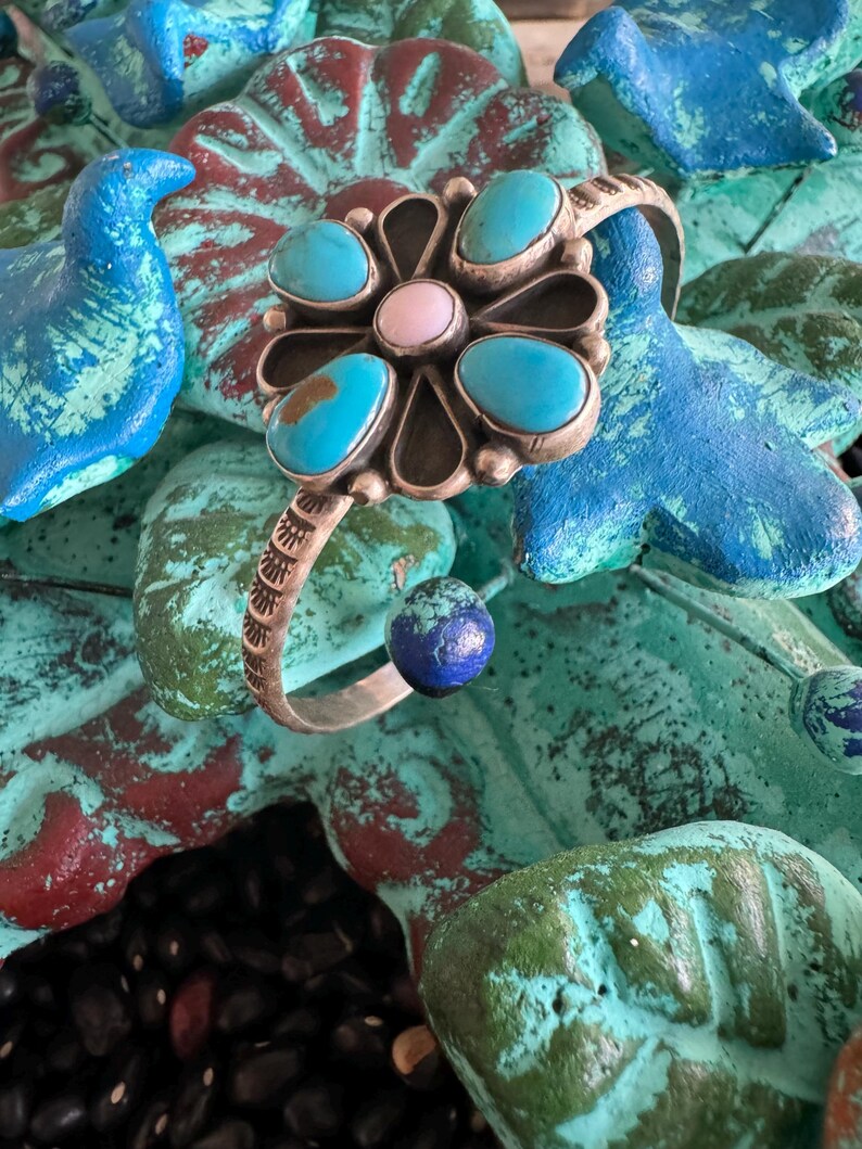 Handcrafted Queen Pink Conch, Turquoise & Sterling Silver Flower Cuff Bracelet main image 1