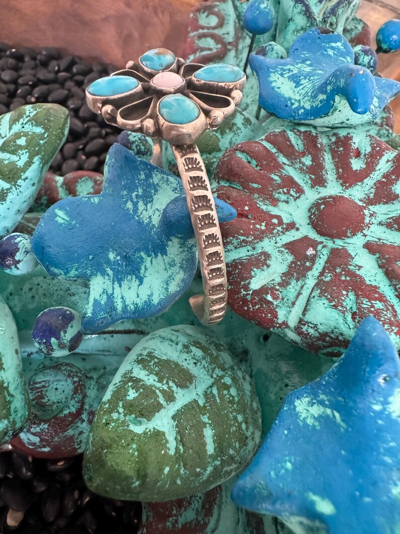 Handcrafted Queen Pink Conch, Turquoise & Sterling Silver Flower Cuff Bracelet main image 0