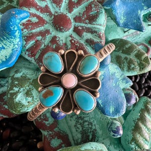 Handcrafted Queen Pink Conch, Turquoise & Sterling Silver Flower Cuff Bracelet