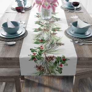 Christmas Garland Table Runner, Polyester or Cotton Table Runner, Holly Table Runner, Holiday Table Decor, Dining Room Table Decorations