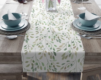 Leaf Table Runner, Nature Botanical Table Runner, Polyester or Cotton Table Runner, Spring Table Decor, Green and White Table Runner