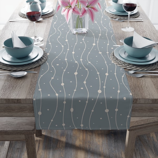 Dusty Blue Table Runner, Polyester or Cotton Table Runner, Geometric Lines and Dots Patterned Table Decor, Blue Gray Dining Room Decorations