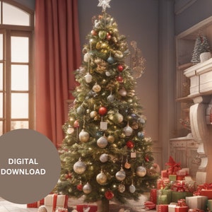 May include: A festive Christmas scene featuring decorated trees, ornaments, and wrapped gifts. The image includes a fireplace, a star-topped tree, and the text "DIGITAL DOWNLOAD" on a brown circle.