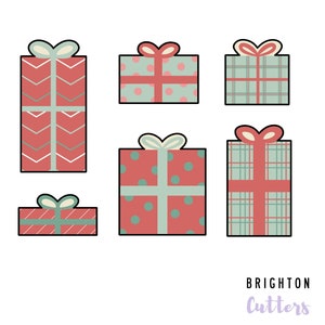 May include: Set of six Christmas cookie cutters shaped like presents. The cutters are red, green, and white with different patterns, including polka dots, plaid, and chevron.