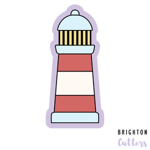 May include: A red and white striped lighthouse cookie cutter with a blue roof and yellow windows.  The cutter is outlined in black and has a light purple background.