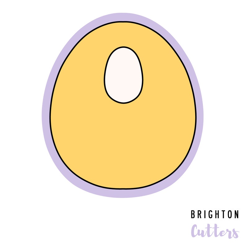 May include: A yellow cookie cutter shaped like an egg with a smaller circle cut out of the center. The cutter has a purple outline.