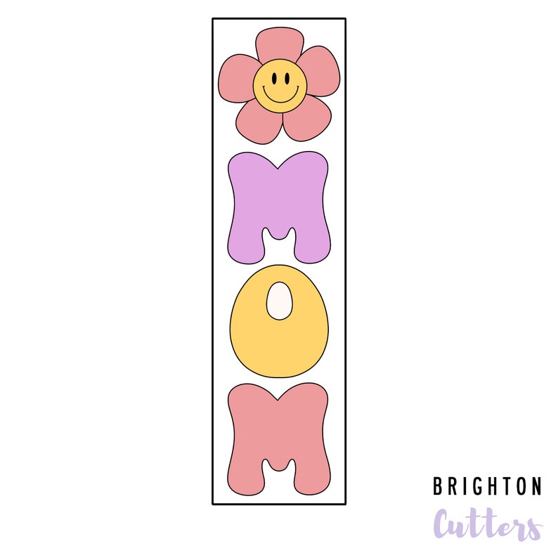 May include: A set of cookie cutters in the shape of the word "MOM" with a flower on top. The letters are in different colors: purple, yellow, and pink. The flower is pink with a yellow smiley face.