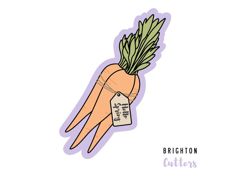 May include: A sticker of two orange carrots tied together with twine and a tag that says "Hello Spring". The carrots have green leafy tops.