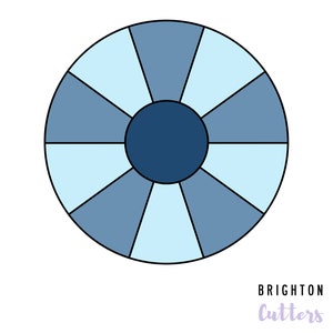 May include: A blue and light blue colour wheel with 12 sections. The centre of the wheel is a dark blue circle.