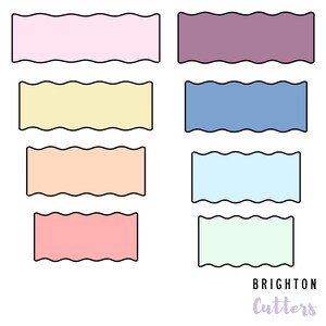 May include: Set of eight wavy, rectangular cookie cutters in various pastel colors, including pink, yellow, peach, light blue, and green. The cutters are arranged in two rows of four. The text "BRIGHTON Cutters" is printed below the cutters.