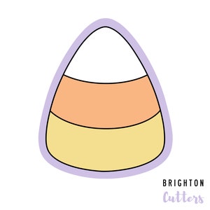 May include: A candy corn shaped cookie cutter with a white, orange, and yellow design, outlined in black and a light purple border. The words "BRIGHTON Cutters" are in the bottom right corner.