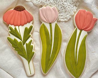 Long Stemmed Spring Flower Cookie Cutters: Tulips, Bouquet Designs (Set of 3)