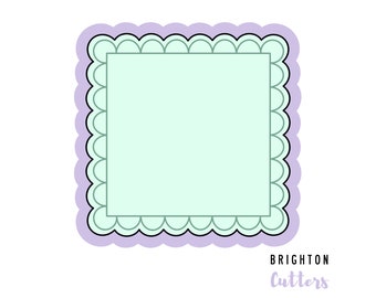 Puede incluir: Un marco cuadrado festoneado morado y negro con un fondo verde claro. El marco es un cortador de galletas con el texto "Brighton Cutters" en morado debajo del marco.
