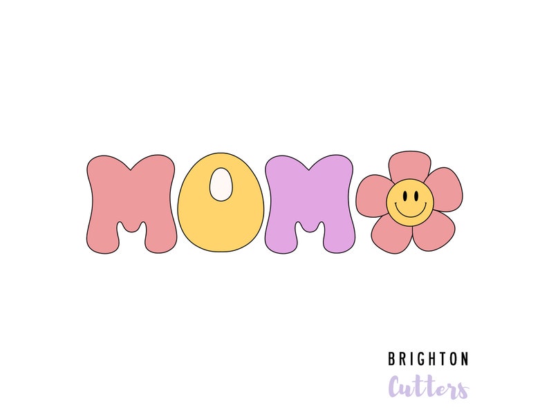 May include: A set of cookie cutters in the shape of the word "MOM" with a yellow egg and a pink flower with a smiley face. The cookie cutters are pink, yellow, and purple.