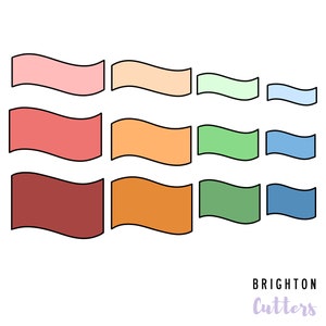 May include: A set of nine colorful cookie cutters in the shape of flags. The cutters are arranged in three rows of three, with each row featuring a different color scheme. The colors are pink, orange, green, and blue. The cutters are made of metal and have a smooth finish. The text "BRIGHTON Cutters" is printed in purple at the bottom of the image.