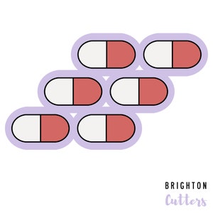 May include: Six white and red pills with a black outline, arranged in a staggered pattern on a light purple background. The text "BRIGHTON Cutters" is written in purple below the pills.