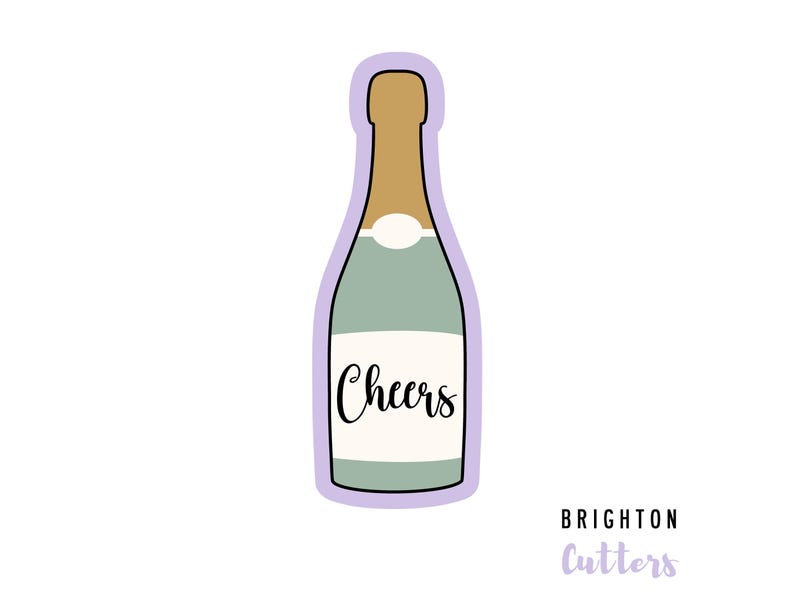 May include: A light green and gold champagne bottle cookie cutter with the word "Cheers" on the label.