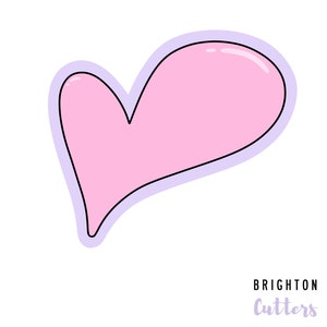 May include: A pink heart-shaped sticker with a light purple outline. The sticker is a simple design with a smooth, rounded shape.
