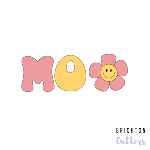 May include: A pink and yellow cookie cutter set with the word "MOO" and a flower with a smiley face. The cookie cutters are designed for baking and decorating cookies.