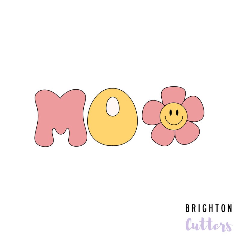 May include: A pink and yellow cookie cutter set with the word "MOO" and a flower with a smiley face. The cookie cutters are designed for baking and decorating cookies.