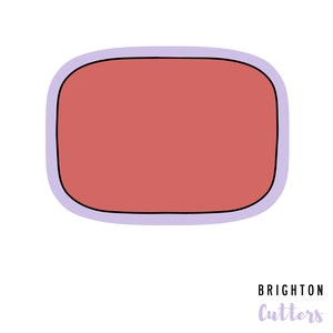 May include: A red rectangle with rounded corners, outlined in black and a light purple border. The text "BRIGHTON Cutters" is below the rectangle in purple.