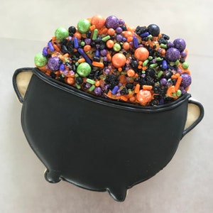 May include: A black cauldron cookie decorated with orange, green, purple, and black sprinkles.