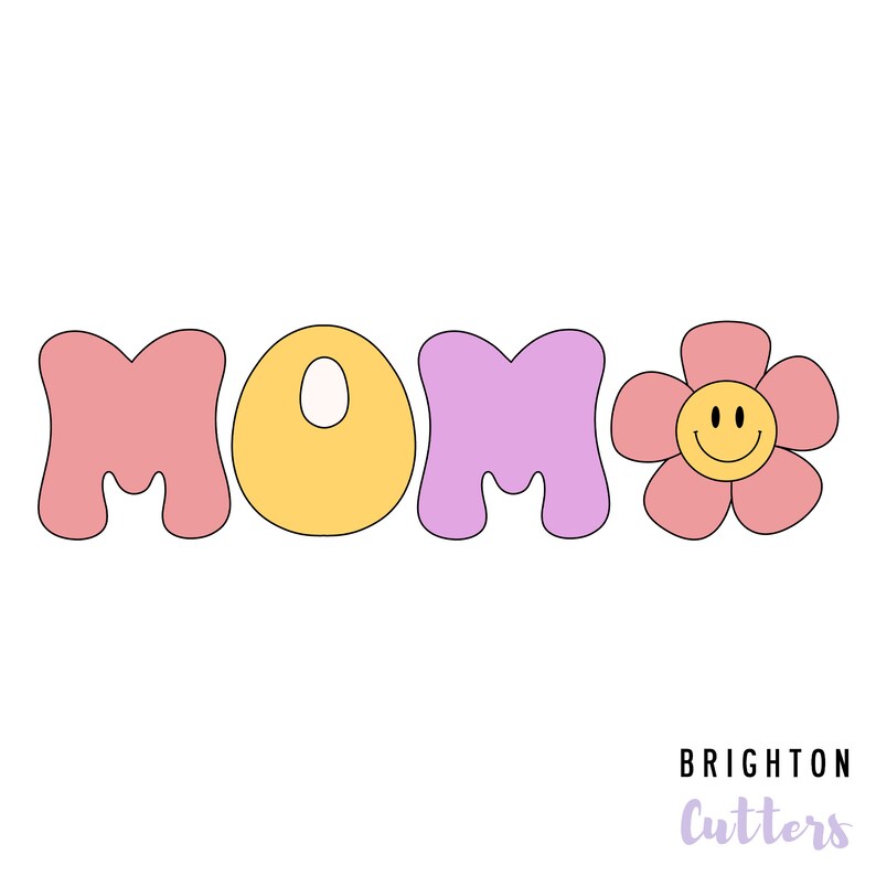 May include: A set of cookie cutters in the shape of the word "MOM" with a yellow circle in the middle and a pink flower with a smiley face in the center. The cookie cutters are pink, yellow, and purple.