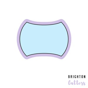 May include: A light blue, rounded rectangle cookie cutter with a black outline and a lavender border. The text "BRIGHTON Cutters" is in the bottom right corner. The cutter is on a white background.
