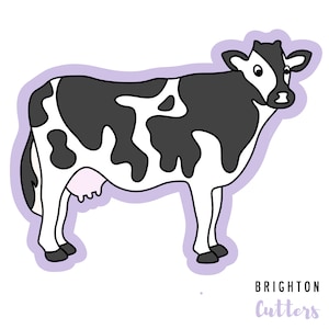 May include: A black and white cow with a purple outline. The cow is standing on a purple background. The text "Brighton Cutters" is written in purple below the cow.