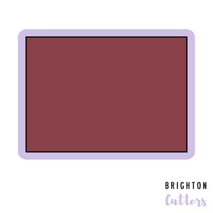 May include: A maroon rectangle with a white border, surrounded by a light purple border. The text "BRIGHTON Cutters" is written in purple below the rectangle.