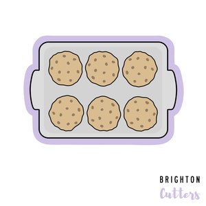 May include: A top view of a baking sheet with six chocolate chip cookies. The cookies are arranged in two rows of three. The baking sheet is light gray with a purple border. The text "BRIGHTON Cutters" is printed below the baking sheet.