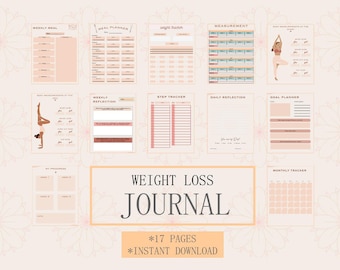 May include: A printable weight loss journal with 17 pages. The journal includes pages for tracking meals, measurements, steps, daily reflections, goals, and progress. The cover features a pink and white floral design with the text "WEIGHT LOSS JOURNAL" and "*17 PAGES *INSTANT DOWNLOAD".