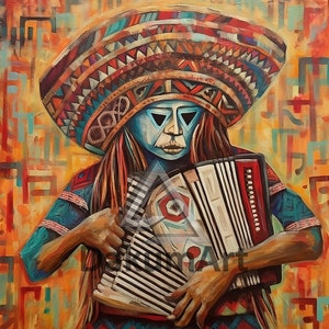 Vibrante arte azteca che suona la fisarmonica: download digitale per decorazioni murali, opere d&#39;arte, stampe - uso commerciale e personale