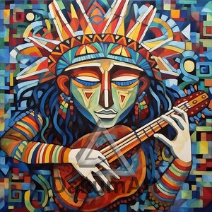 Vibrante arte azteca che suona la chitarra: download digitale per decorazioni murali, opere d&#39;arte, stampe - uso commerciale e personale