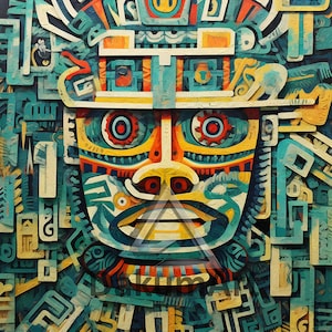 Levendige Azteekse geometrische krijgerkunst: digitale download voor wanddecoratie, illustraties, prenten - commercieel en persoonlijk gebruik