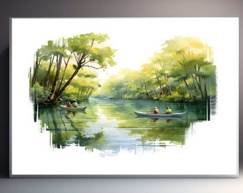 Kayaking Watercolor Painting Art Print- Mangrove Forest wilderness theme