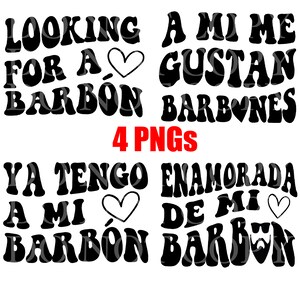 Op de afbeelding: Vier zwart-witte grafische ontwerpen met de tekst "Looking for a Barbon", "A mi me gustan Barbones", "Ya tengo a mi Barbon" en "Enamorada de mi Barbon". Elk ontwerp bevat een hart.