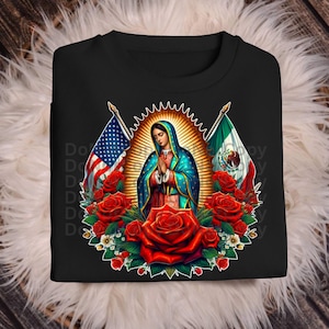 ARCHIVO PNG religioso: Banderas mexicanas estadounidenses digitales con la Virgen de Guadalupe rodeada de rosas