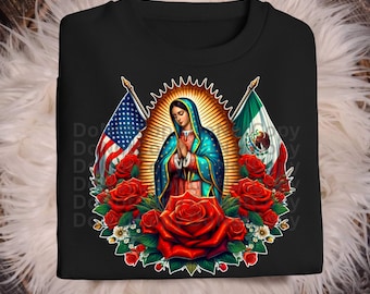 Religious PNG FILE-Digital Mexican American flags with virgen de Guadalupr surrounded in roses
