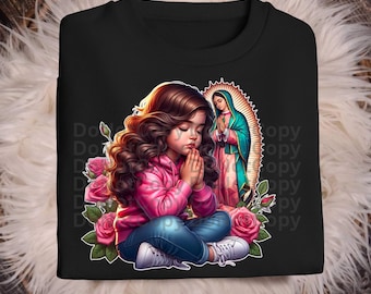 PNG FILE-Digital Virgen de Guadalupe with little girl praying religious latina