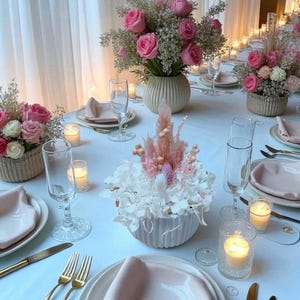 Arrangement of dried flowers in delicate pink tones with white hydrangeas | Table arrangement flowers