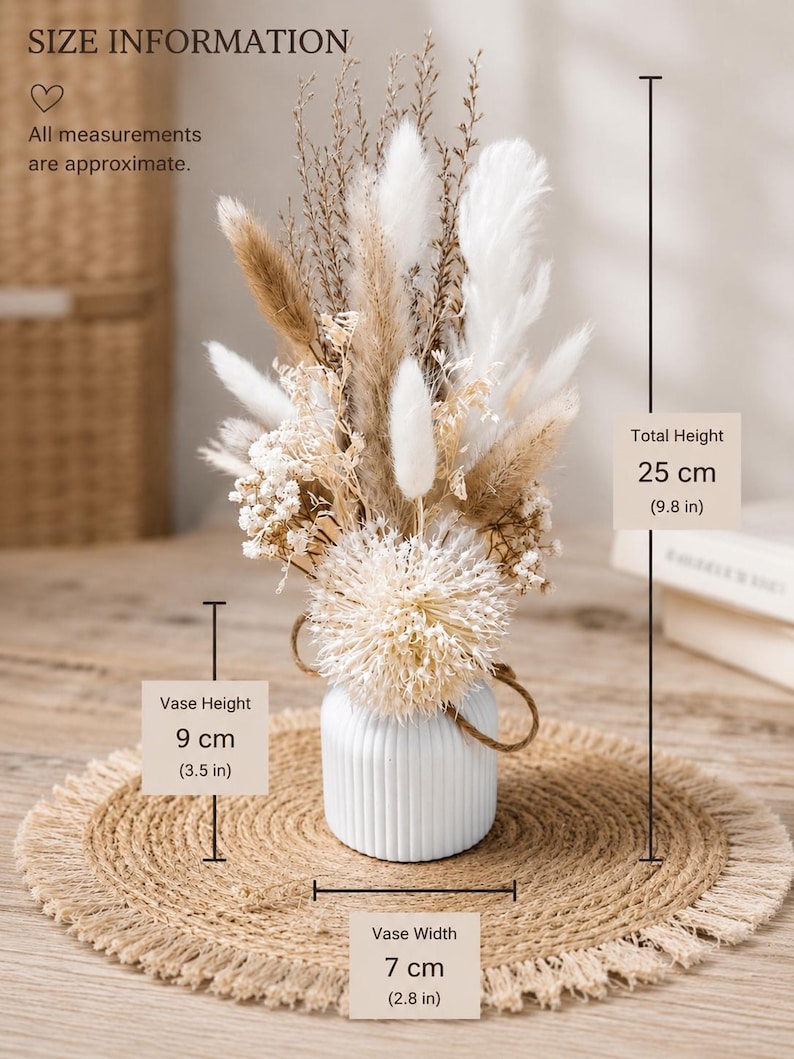Trockenblumenstrauß mit Vase | Bohostrauß | Hochzeitsdekoration Tisch | kleiner Strauß beige weiß | Tischdeko