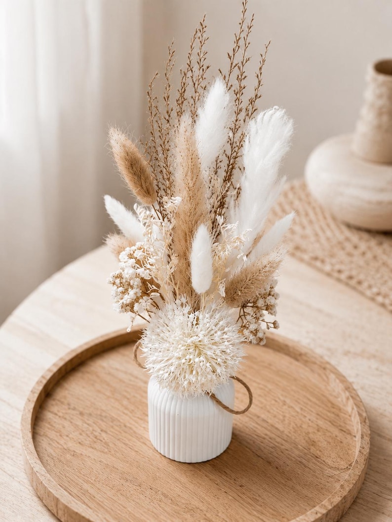 Trockenblumenstrauß mit Vase | Bohostrauß | Hochzeitsdekoration Tisch | kleiner Strauß beige weiß | Tischdeko