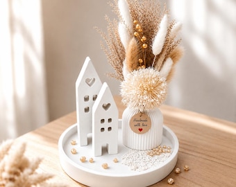 Housewarming gift | Decorative plate with flowers | Raysin table decoration set with dried flowers and light houses | Decorative gift set