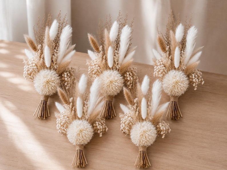 Trockenblumenstrauß mit Vase | Bohostrauß | Hochzeitsdekoration Tisch | kleiner Strauß beige weiß | Tischdeko