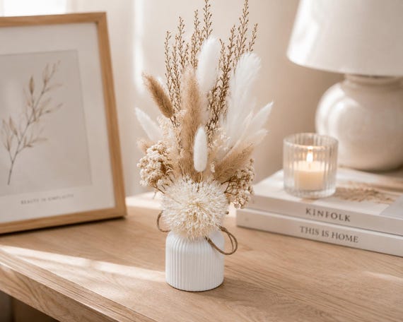 Trockenblumenstrauß mit Vase | Bohostrauß | Hochzeitsdekoration Tisch | kleiner Strauß beige weiß | Tischdeko
