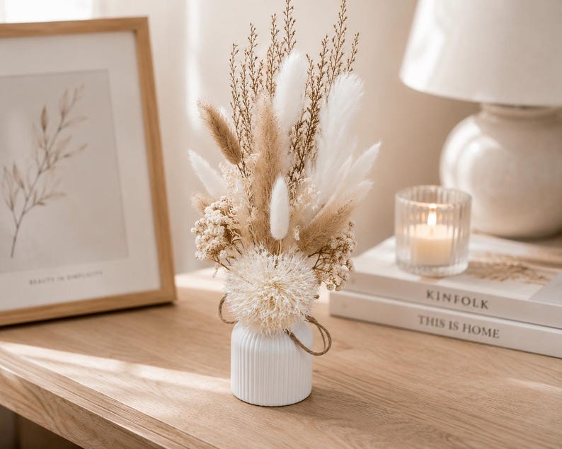 Trockenblumenstrauß mit Vase | Bohostrauß | Hochzeitsdekoration Tisch | kleiner Strauß beige weiß | Tischdeko