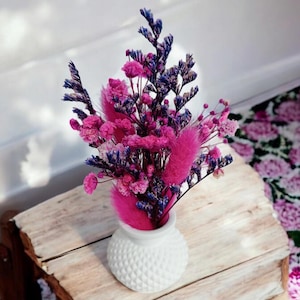 Mini bouquet di fiori secchi con vaso | bouquet di fiori secchi viola | bouquet rosa viola | piccolo bouquet in un vaso | decorazione viola